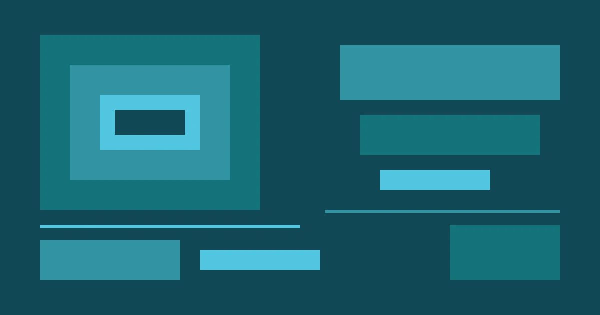 Teal and charcoal geometric editorial still with nested squares and accent bars, no people or text
