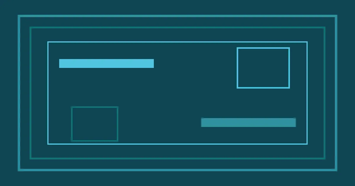 Teal and charcoal geometric editorial still with nested squares and accent bars, no people or text