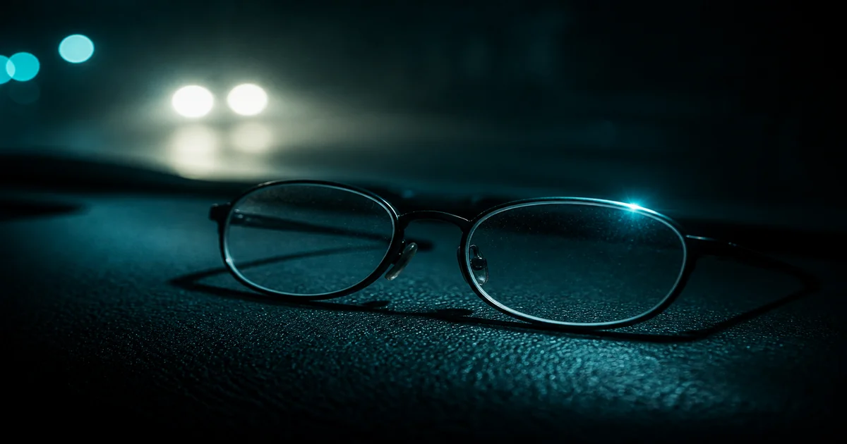 Teal and charcoal editorial still life of unmarked glasses catching headlight bokeh, no people or text overlay