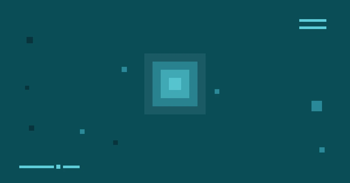 Teal and charcoal geometric editorial still with nested squares and accent bars, no people or text