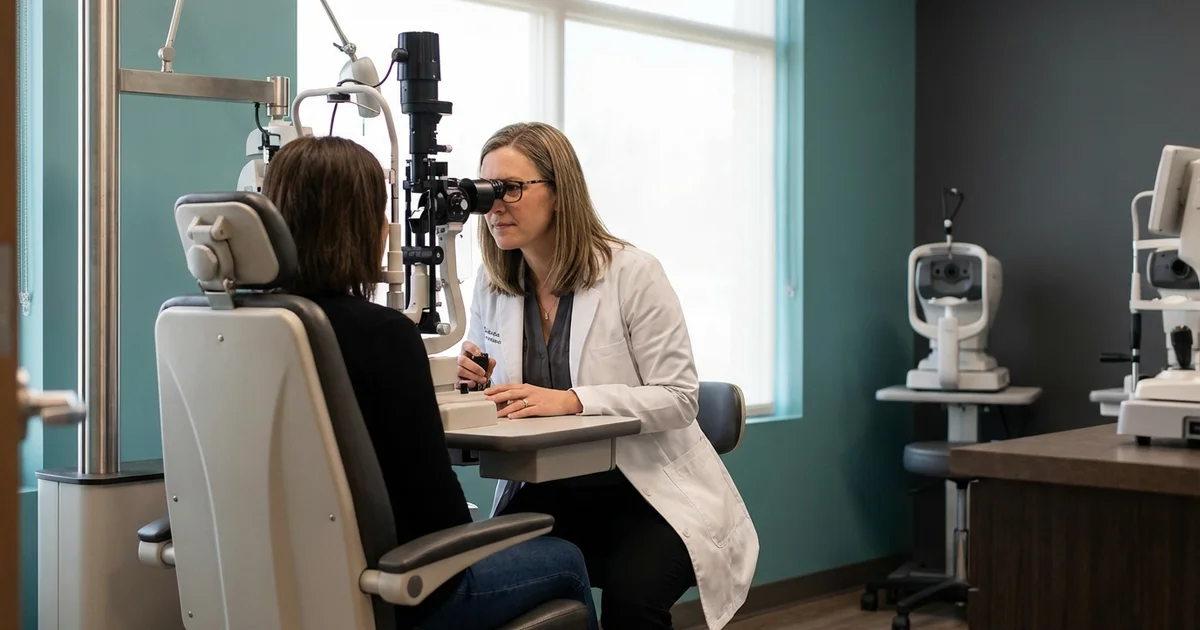 `Patient receiving a comprehensive eye exam at an optometry office`