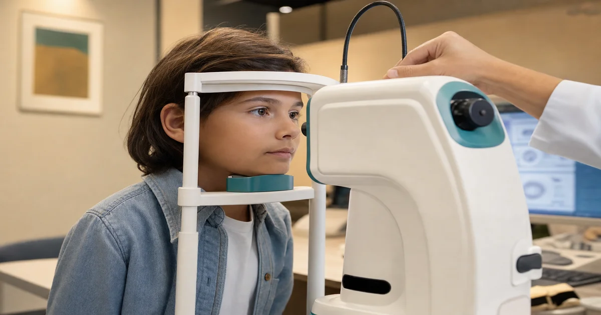 Optometrist positioning an axial-length biometer for a young child during a pediatric myopia exam in a modern optometry office