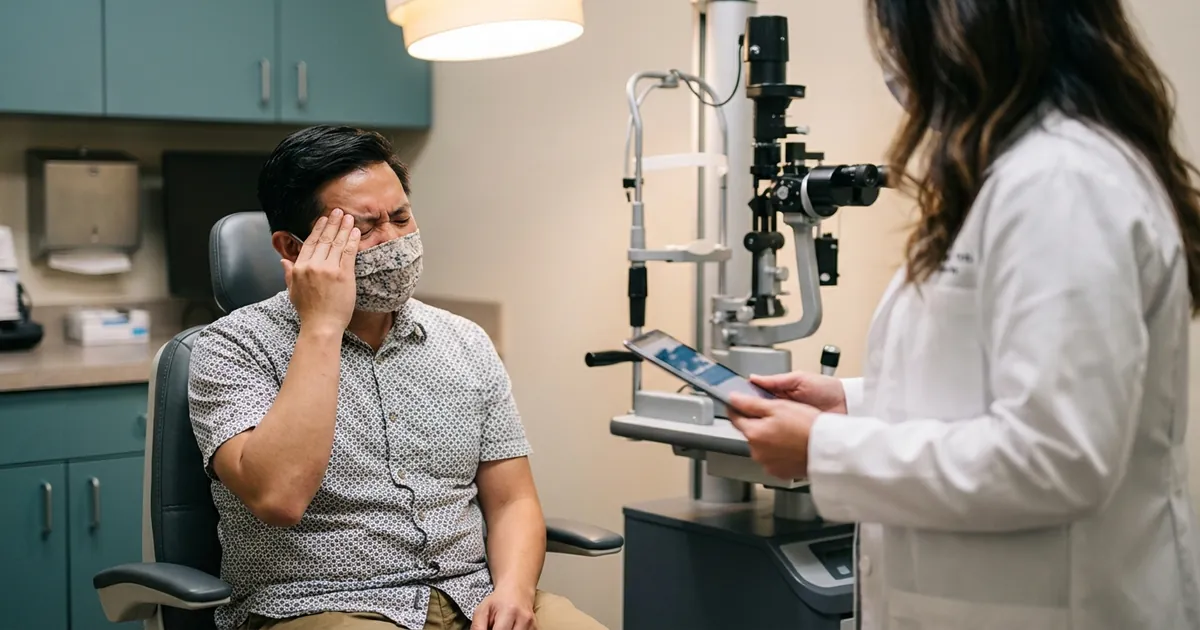 Optometrist speaking with a patient about pain behind the left eye during an eye exam.