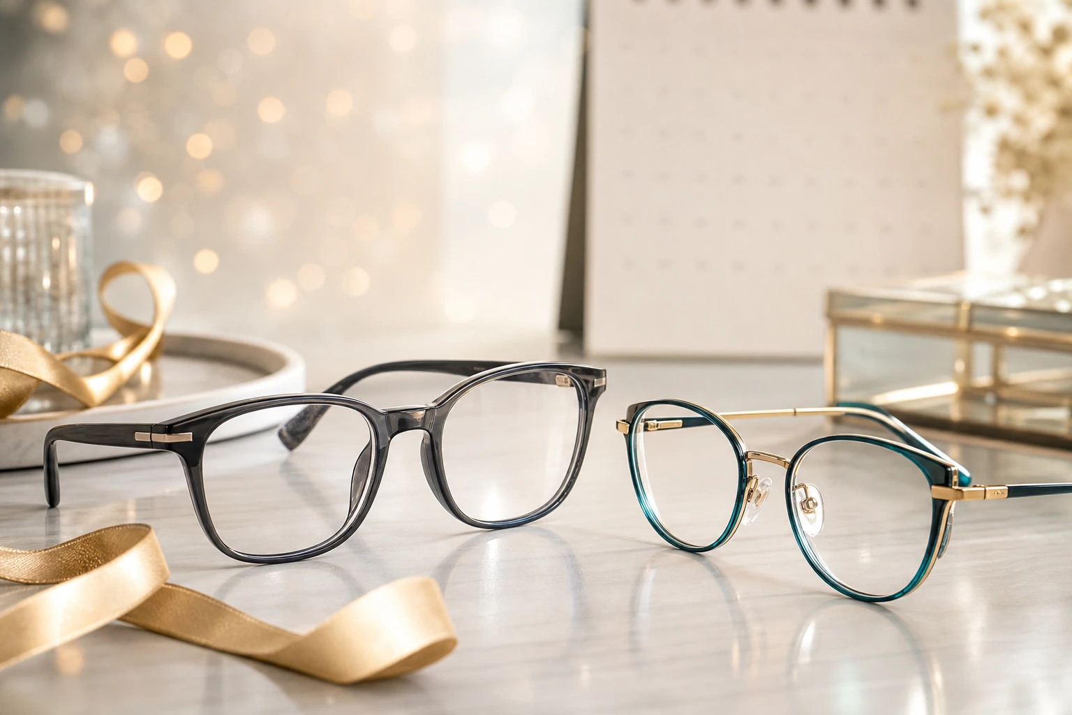 Designer eyeglass frames styled with New Year accents for a fresh look