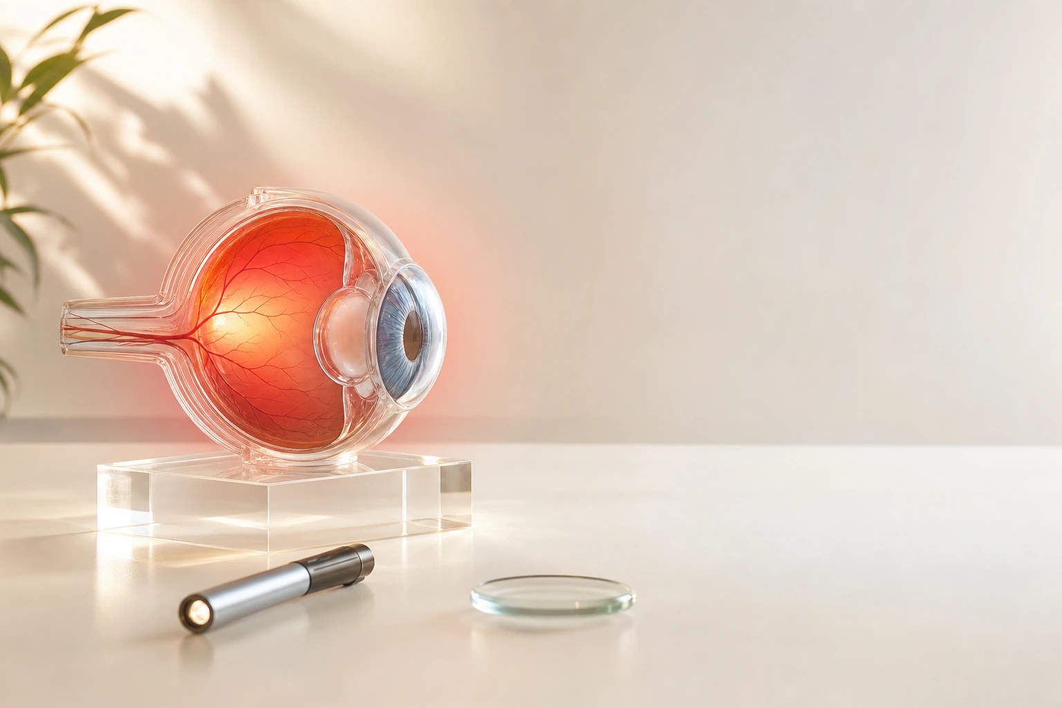 Anatomical eye model with warm pressure glow for an eye pain patient guide