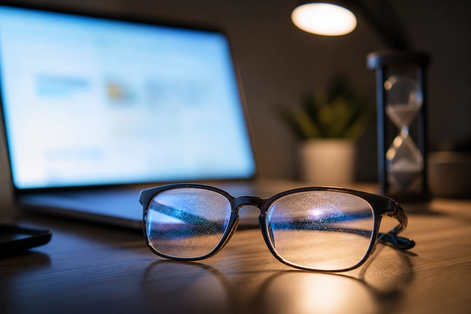 Eyeglasses reflecting a glowing screen to illustrate digital eye strain from screen time
