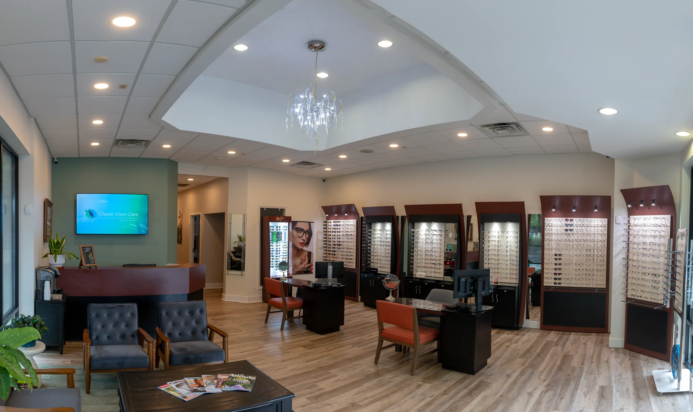 Optical showroom with eyewear displays at the Classic Vision Care Kennesaw office